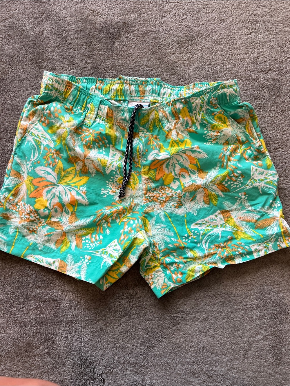 Columbia Teal Tropical Print Swim Trunks with Orange & White Accents